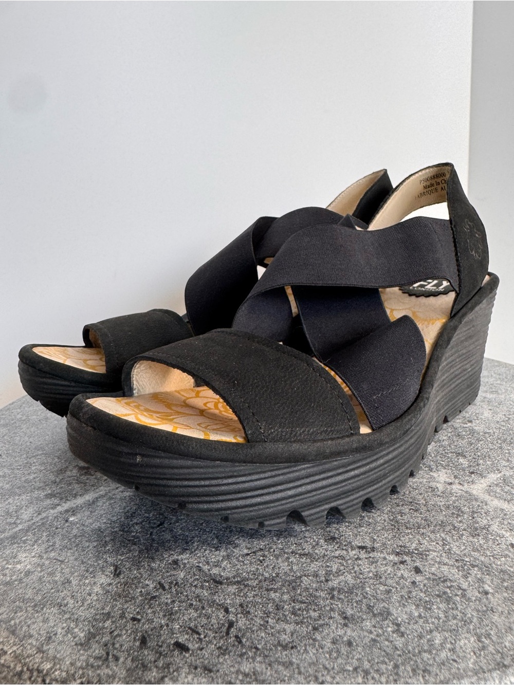 Fly London Yaji Black Leather Wedge Heels Sandals 39
